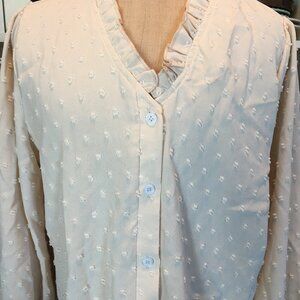 Women's Blouse Chiffon Swiss Dot in Cream Sz M Long Sleeve V Neck Ruffle NWT